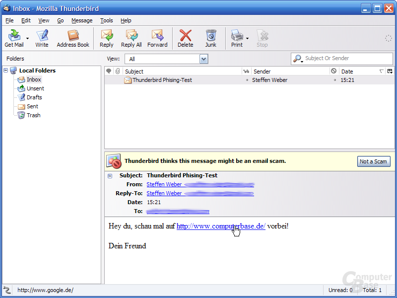 Thunderbird 1.1 Alpha 1 - Phishing-Warnung HTML-Links 1