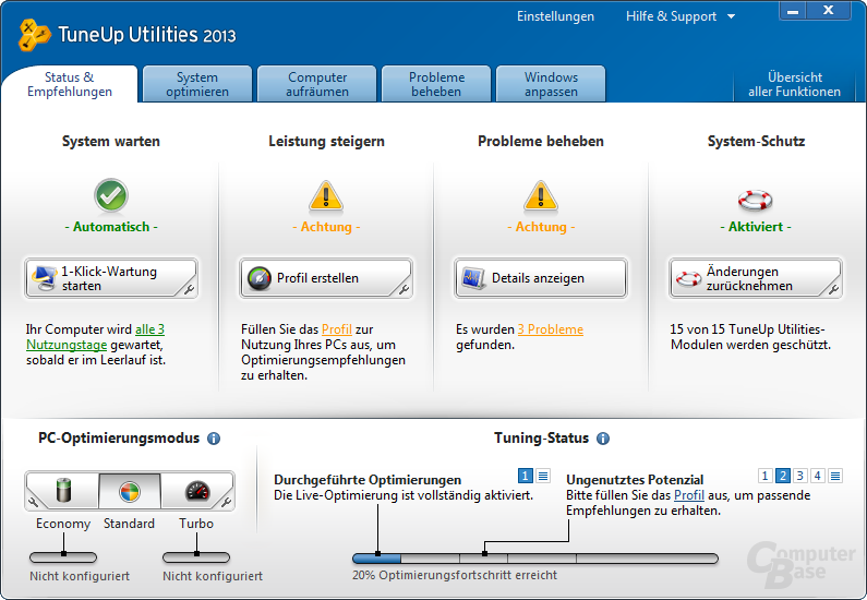 TuneUp Utilities 2013 – Startoberfläche