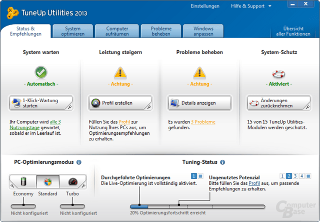TuneUp Utilities 2013 – Startoberfläche