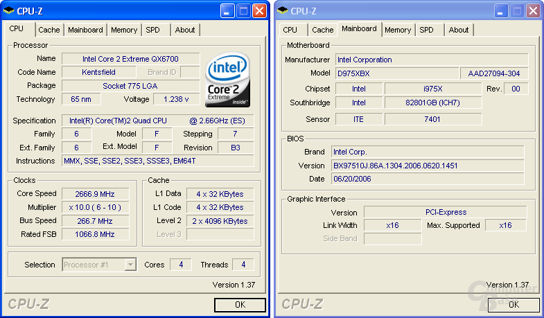Intel Core 2 Extreme QX6700 (Kentsfield) ohne Probleme auf D975XBX (Bad Axe)