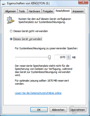 Dialogfeld ReadyBoost