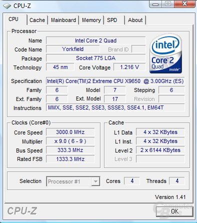 Intel Core 2 Extreme QX9650 – CPU-Z