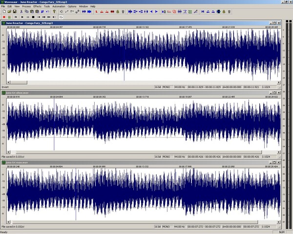Juno Reactor – Conga Fury Oben: 320 kBit/s, Mitte: 64 kBit/s, X-Fi Crystalizer aus; Unten: 64 kBit/s, X-Fi Crystalizer Maximum