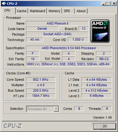 CPU-Z vom Phenom II X4 940 mit C&Q und C1E