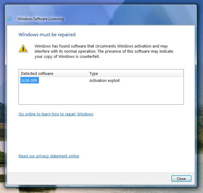 Meldung bei entdeckten Softmod-Hack