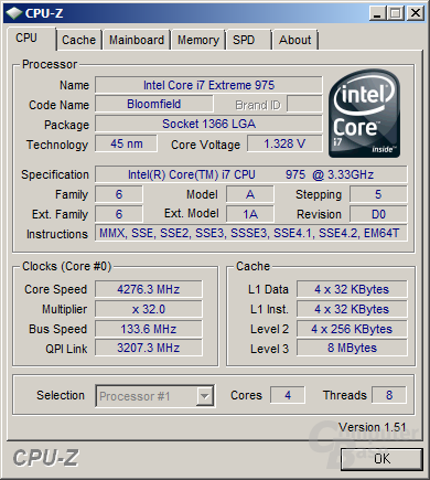Intel Core i7 975 XE bei 4,26 GHz und 1,33 Volt