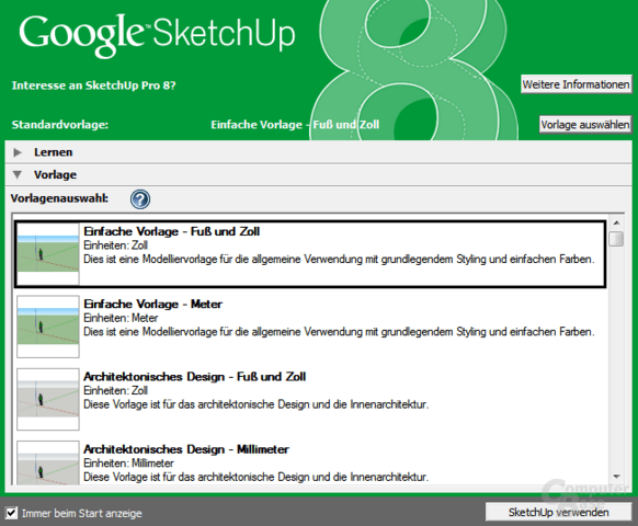 Google SketchUp 8 – Vorlagenauswahl
