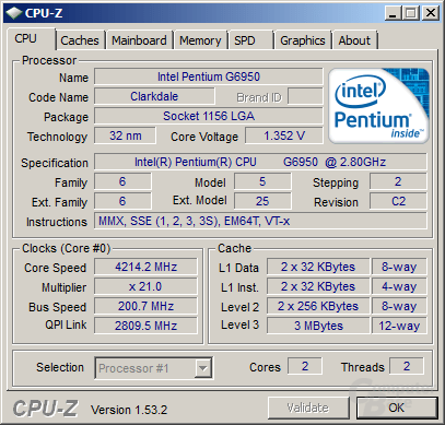 Intel Pentium G6950 bei 4,21 GHz