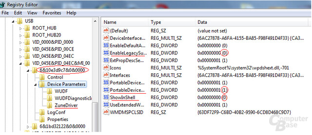 Zu verändernde Einträge in der Windows-Registry