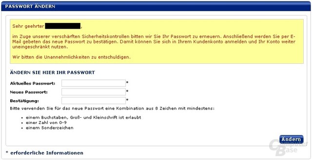 Aufforderung zur Passwortänderung im Mindfactory-Shop