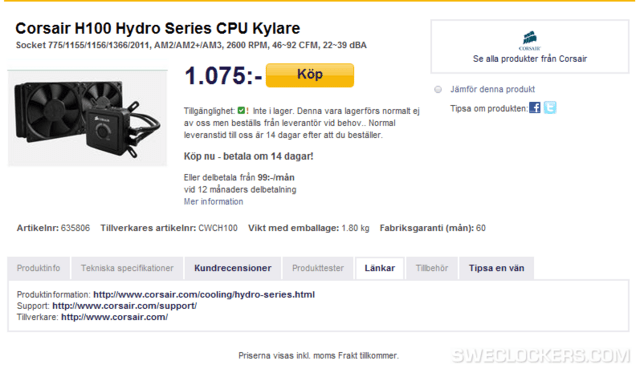 Corsair H100 in Web-Shop gesichtet