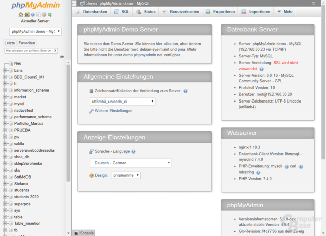 Bildschirm von phpMyAdmin
