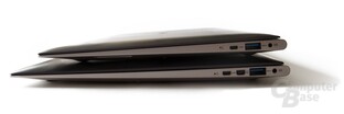 Asus Zenbook UX21E und UX31E: Anschlüsse rechts (Oben (UX21E): Micro-HDMI, USB 3.0, Netzteil; Unten (UX31E): Micro-HDMI, VGA (via Adapter), USB 3.0, Netzteil)