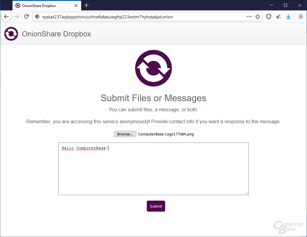 OnionShare – Uploadformular im Tor Browser