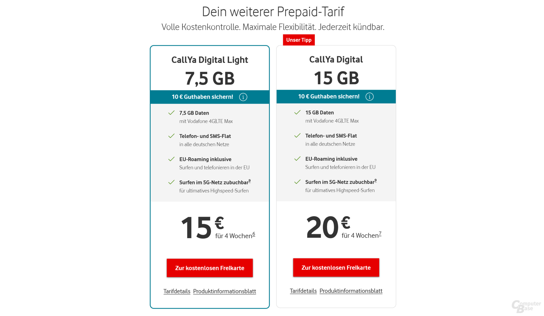 Mit CallYa Digital (15 GB) und CallYa Digital Light (7,5 GB) bietet Vodafone zwei digital Prepaid-Tarife