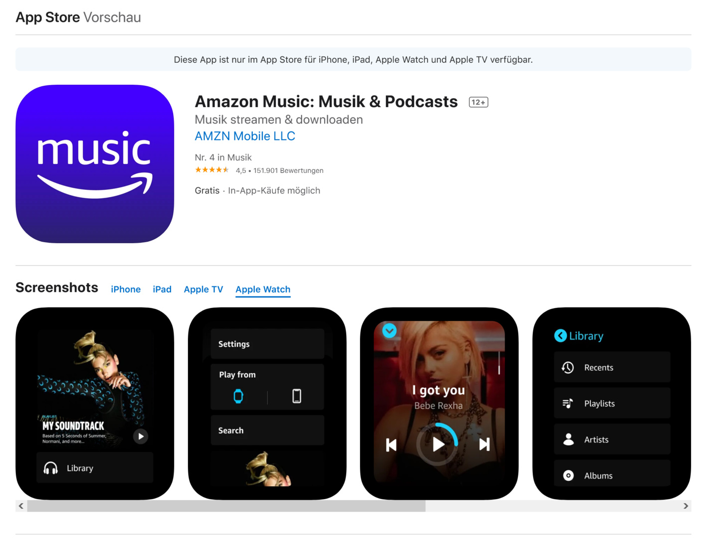 Amazon Music läuft jetzt auch auf der Apple Watch