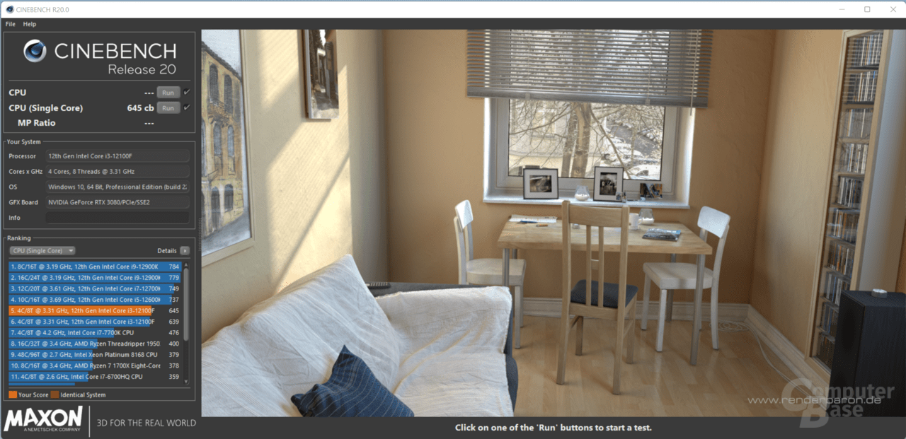 Cinebench R20 Single Core mit Intel Core i3-12100F