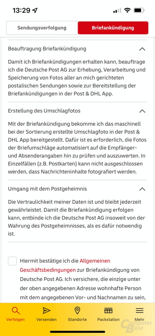 Post & DHL App: Briefankündigung
