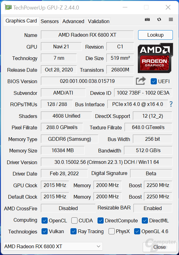 Adrenalin 22.3.1 in GPU-Z