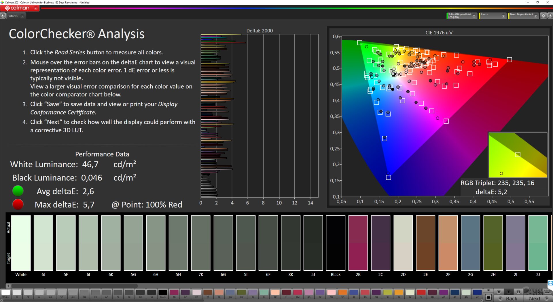 ColorMatch-Testergebnis des Apple Studio Displays im Profil „Digital Cinema P3-DCI“