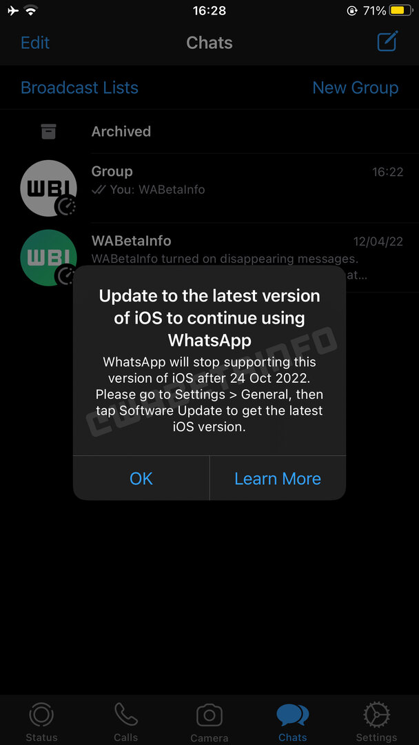 Avviso in WhatsApp sulla fine del supporto su iOS 10 e iOS 11