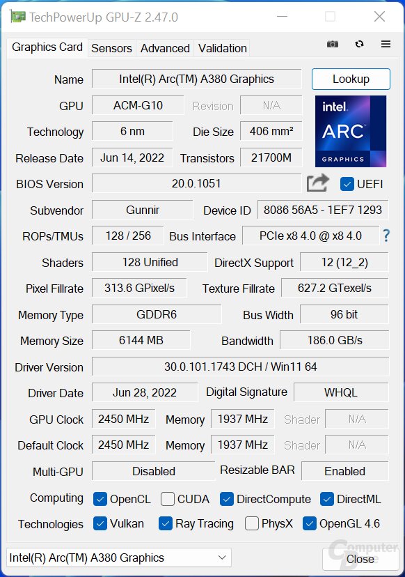 GPU-Z mit der Intel Arc A380