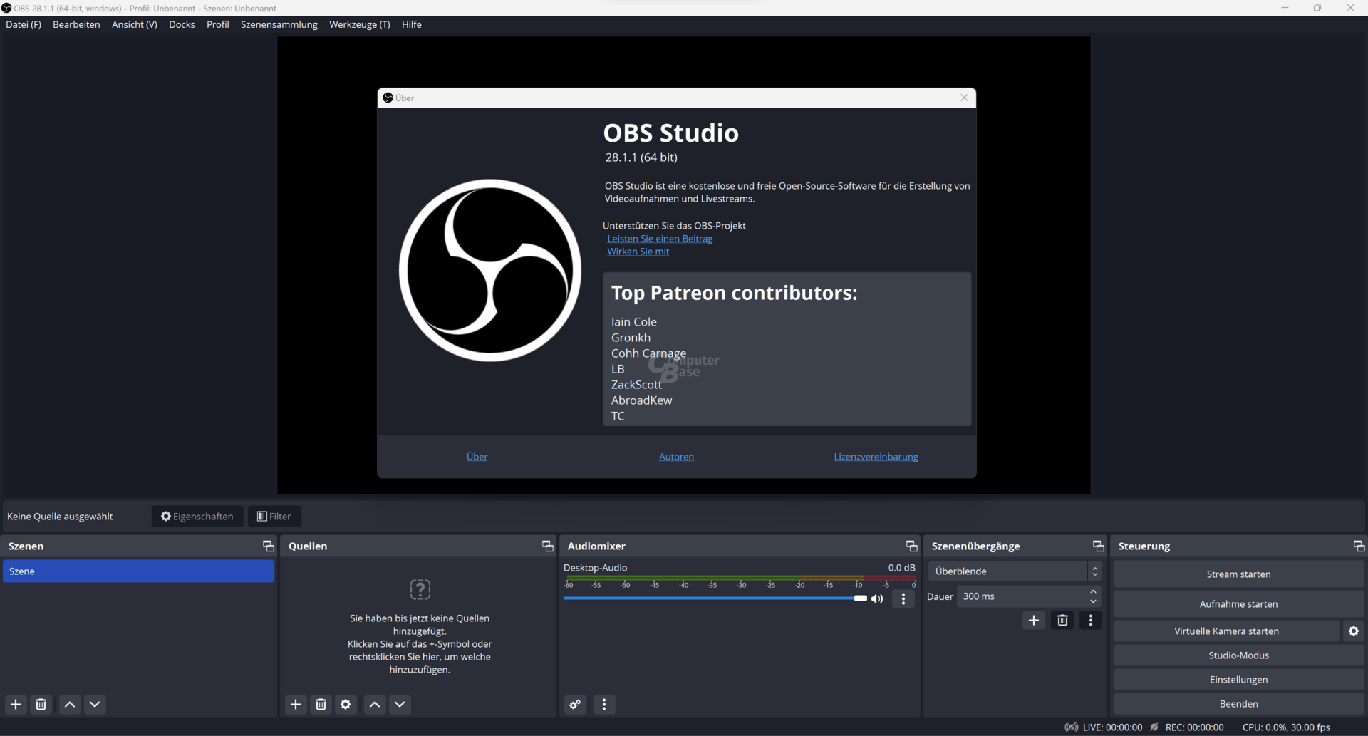 The OBS Studio 28.1.1 graphical user interface (GUI) is based on Qt 6