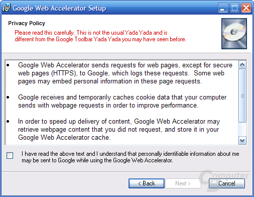 Google Web Accelerator Privacy Policy bei der Installation