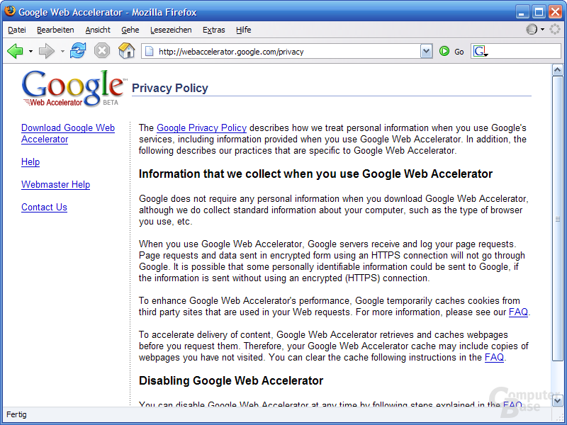 Google Web Accelerator Privacy Policy im Internet
