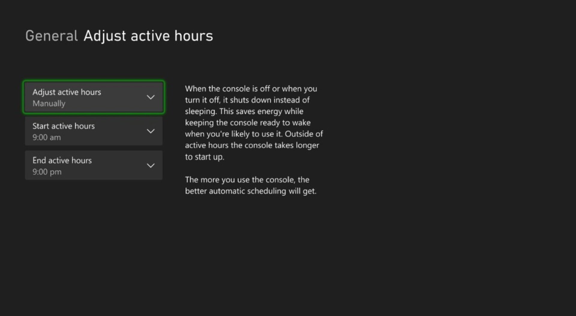Horas activas en la configuración de Xbox Series X |  S.