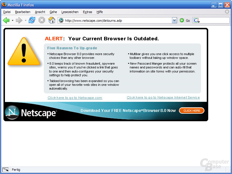Dummdreiste Warnung beim Besuch des Netscape-Portals