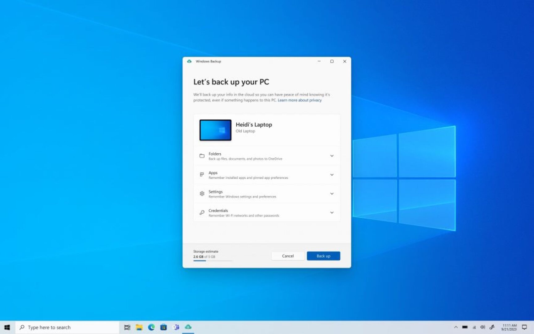 Aggiornamento autunnale di Windows 11: backup