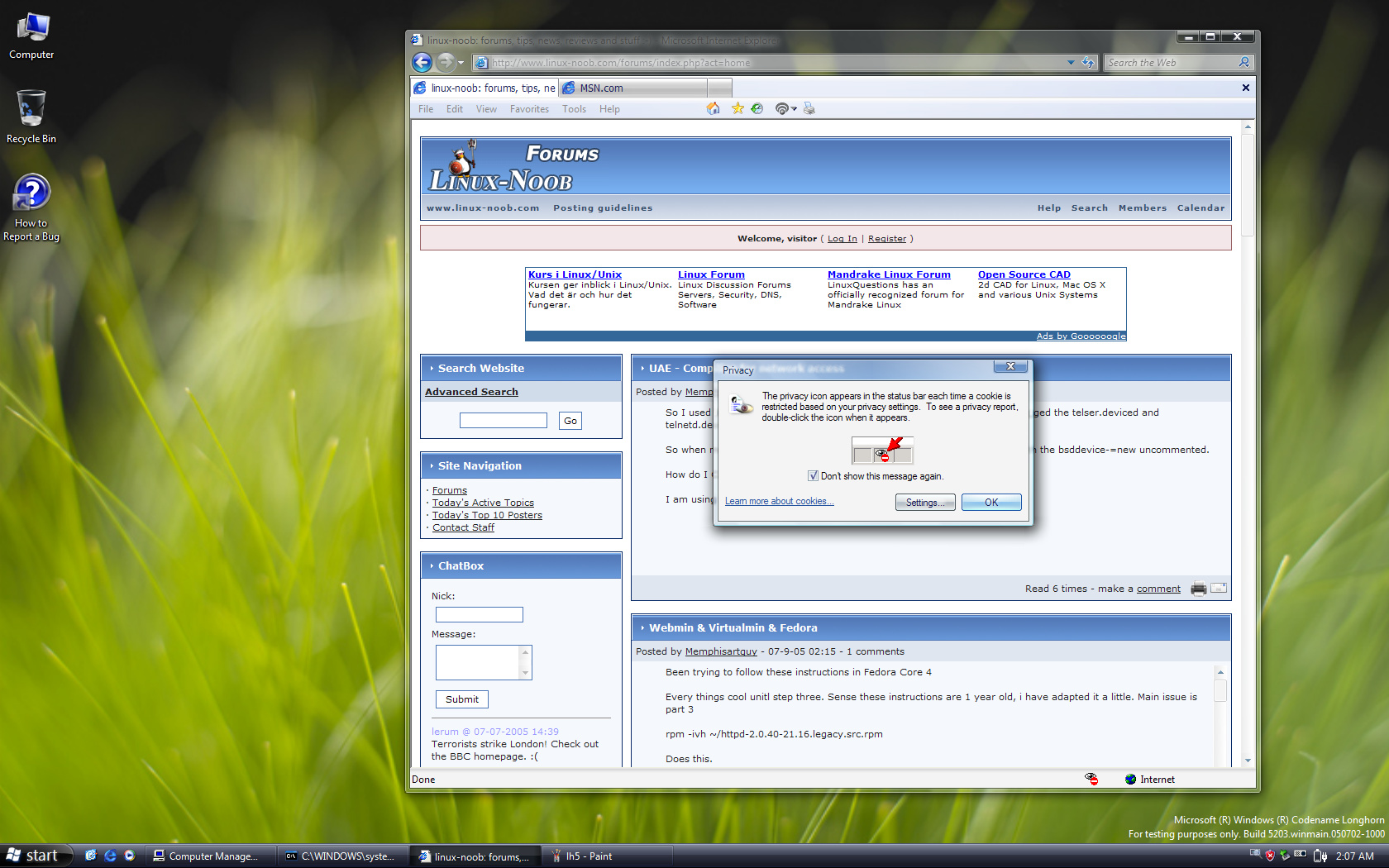 Longhorn Internet Explorer 7 – Privacy-Hinweis