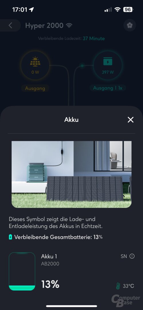 Akku-Informationen des Hyper 2000 in der Zendure-App