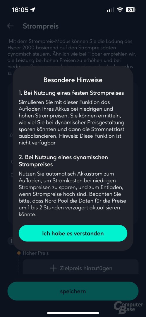 Einstellungen zum dynamischen Strompreis in der Zendure-App