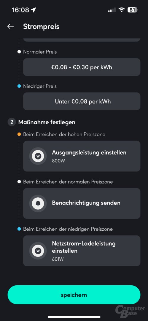 Einstellungen zum dynamischen Strompreis in der Zendure-App