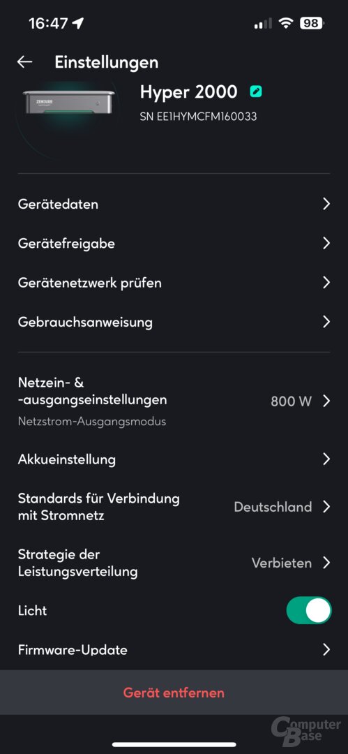 Einstellungen des Hyper 2000 in der Zendure-App