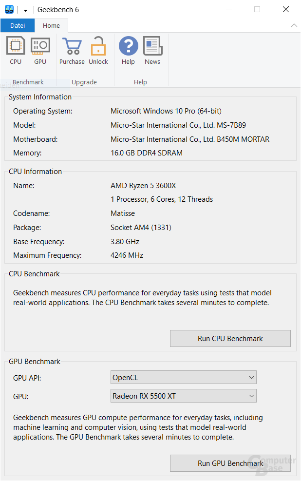 Geekbench – Oberfläche