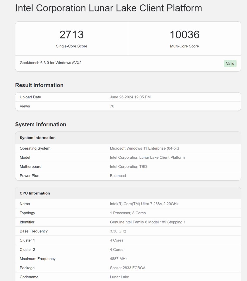 Erste Geekbench-Resultate mit Intel Core Ultra 7 268V (Lunar Lake)