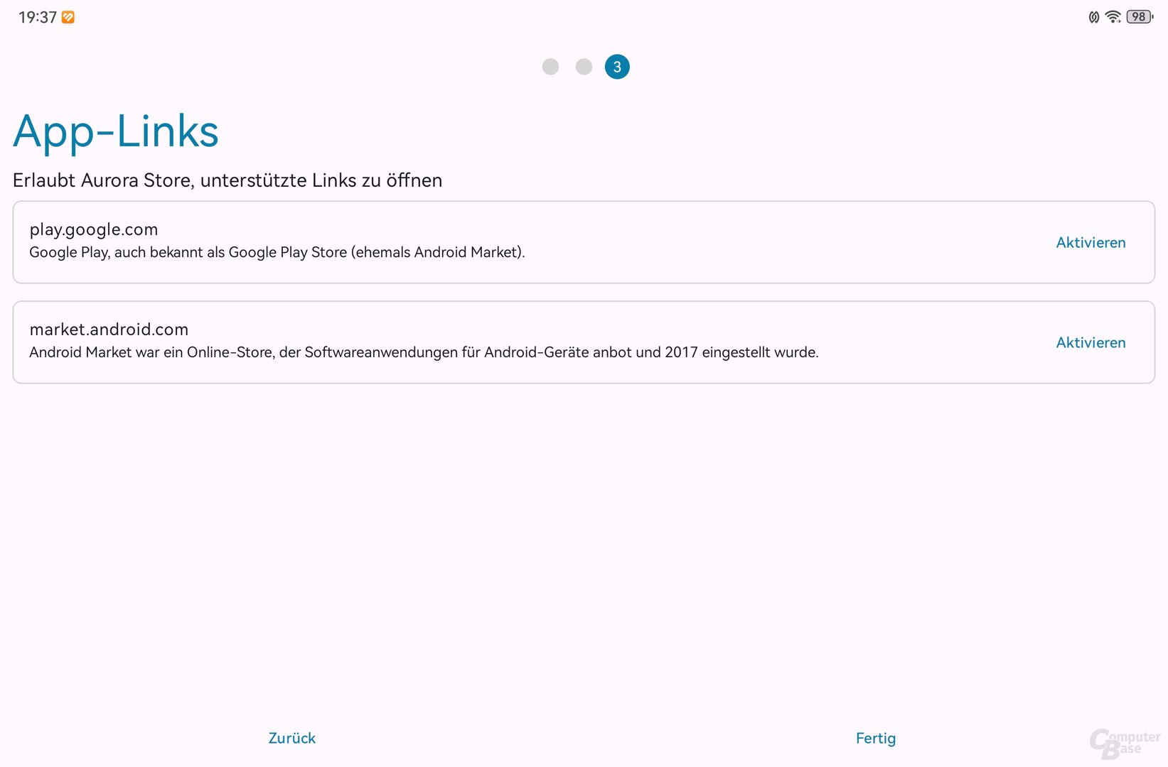 Play Store als App-Link für den Aurora Store auswählen