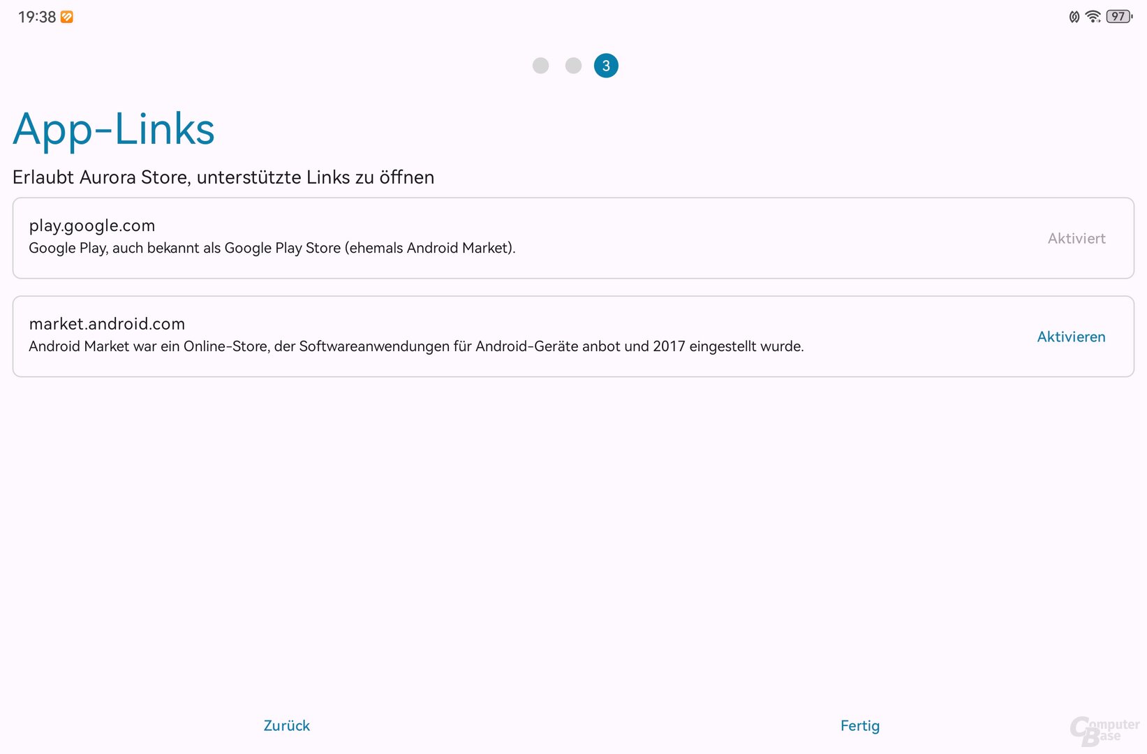 Play Store als App-Link für den Aurora Store auswählen