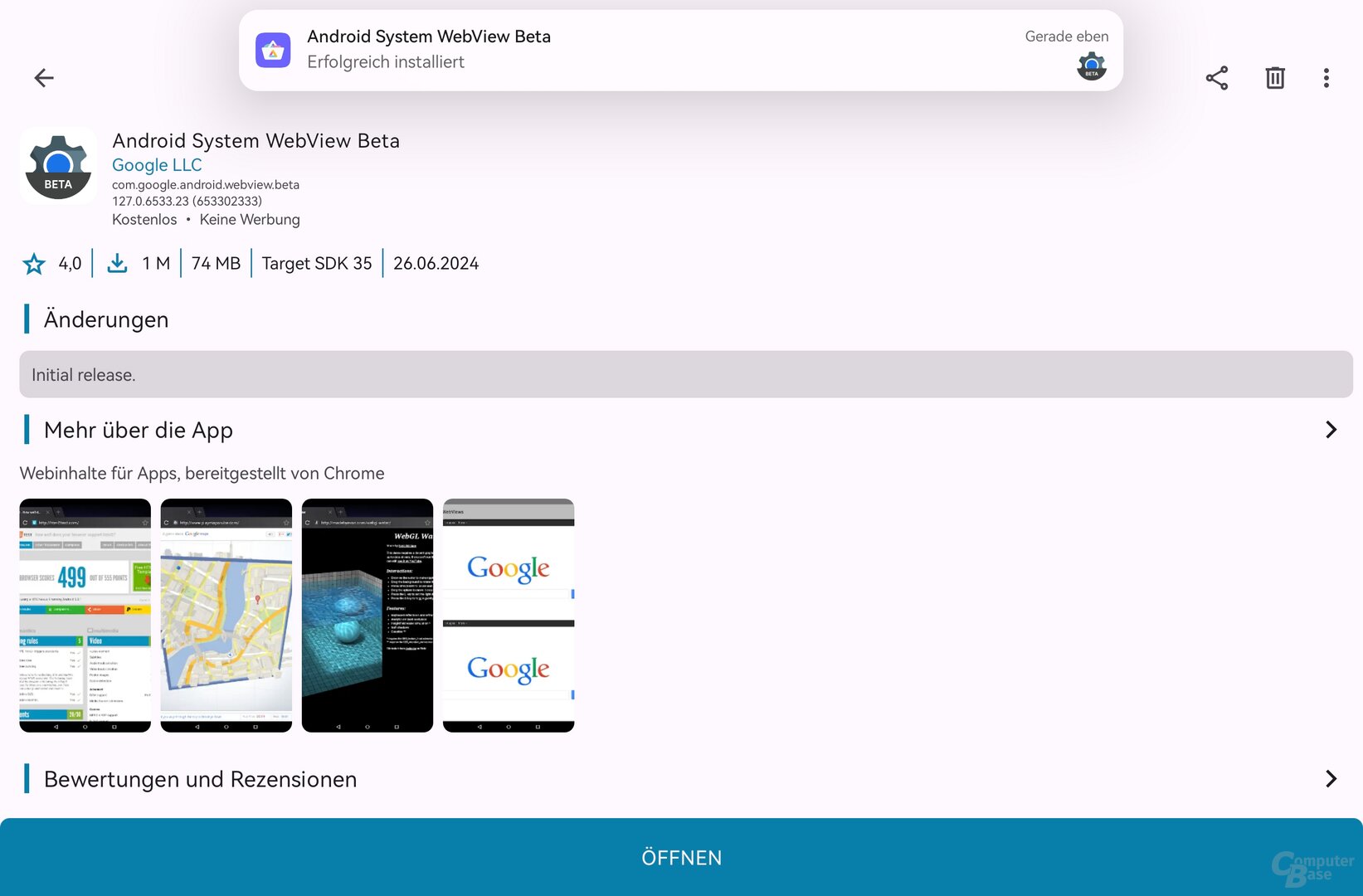 Android System WebView Beta erfolgreich installiert