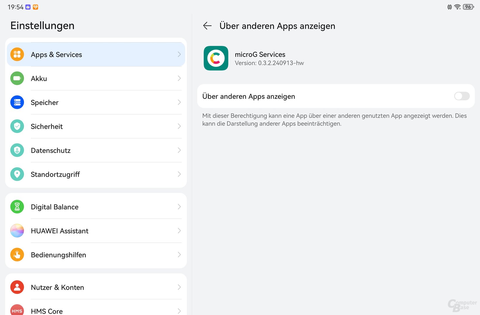 Über anderen Apps anzeigen für microG aktivieren