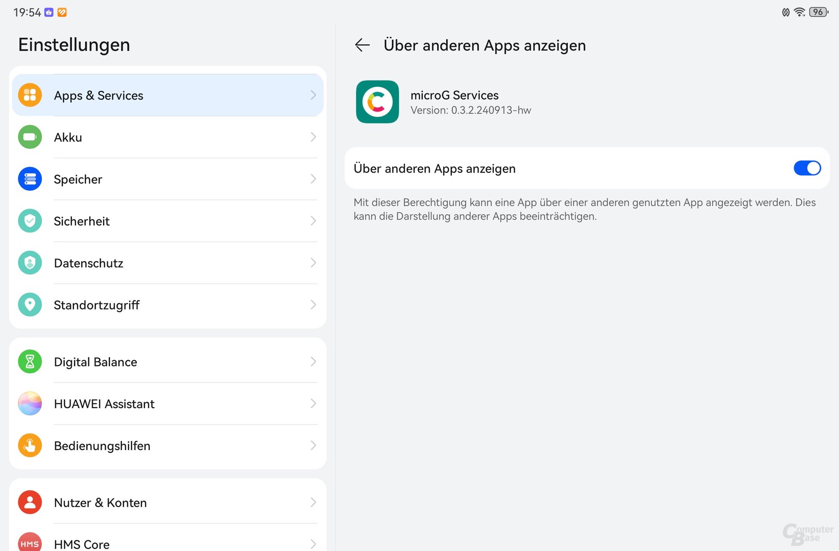Über anderen Apps anzeigen für microG aktivieren