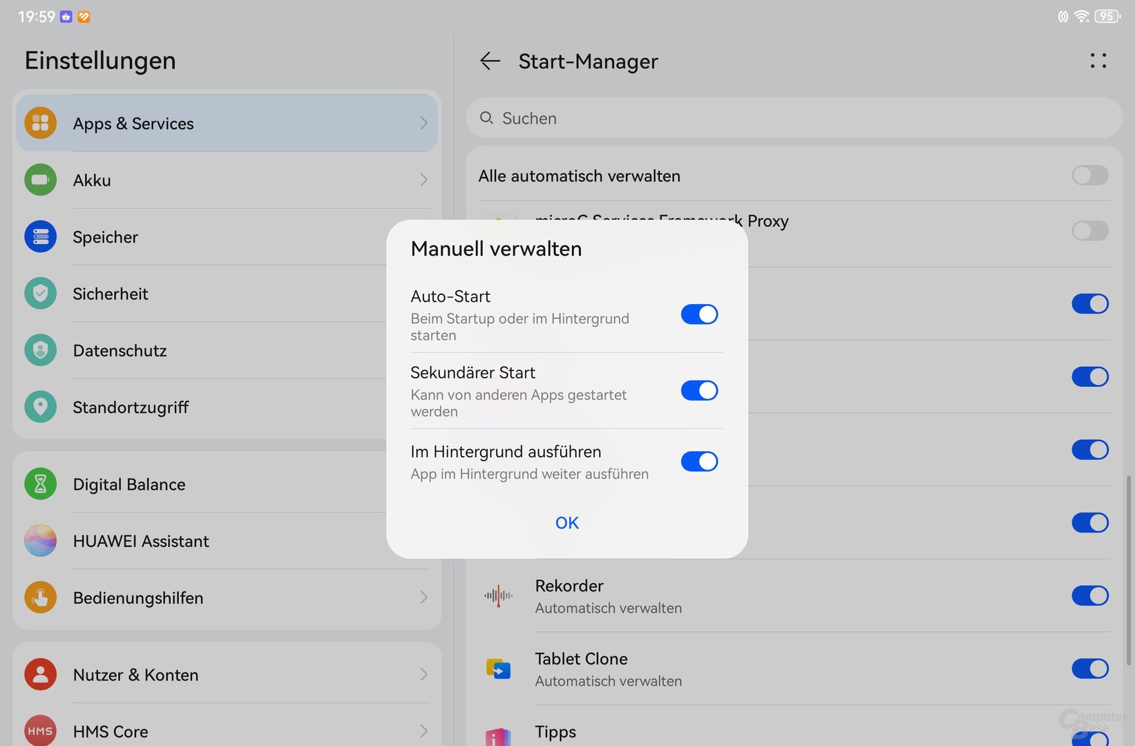 Einstellung im Start-Manager für microG Services Framework Proxy anpassen