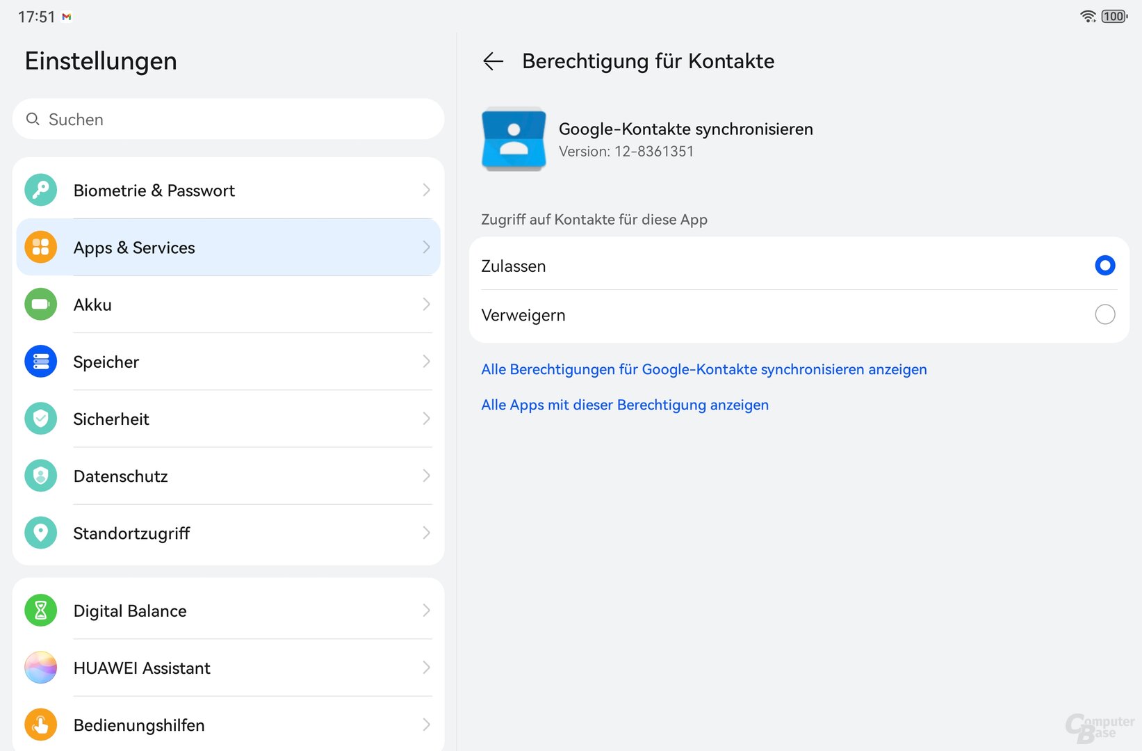 Berechtigungen für Google-Kontakte synchronisieren anpassen