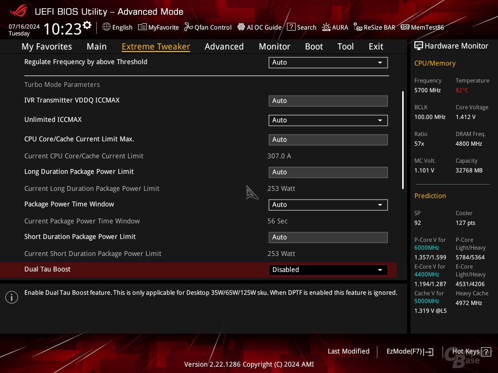 Werden die „Default Settings“ mit dem Power Delivery Profile „Performance“ kombiniert, belässt es Asus regelkonform bei PL1 = PL2 = 253 Watt und senkt ICCMAX auf 307 Ampere