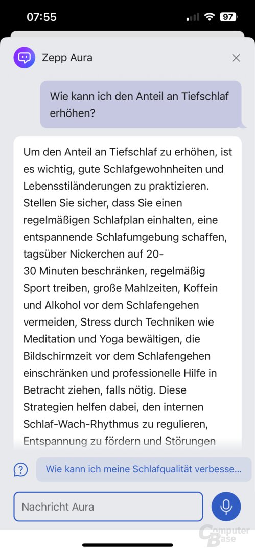 Chatbot Aura AI in der Zepp-App mit passenden Fragen