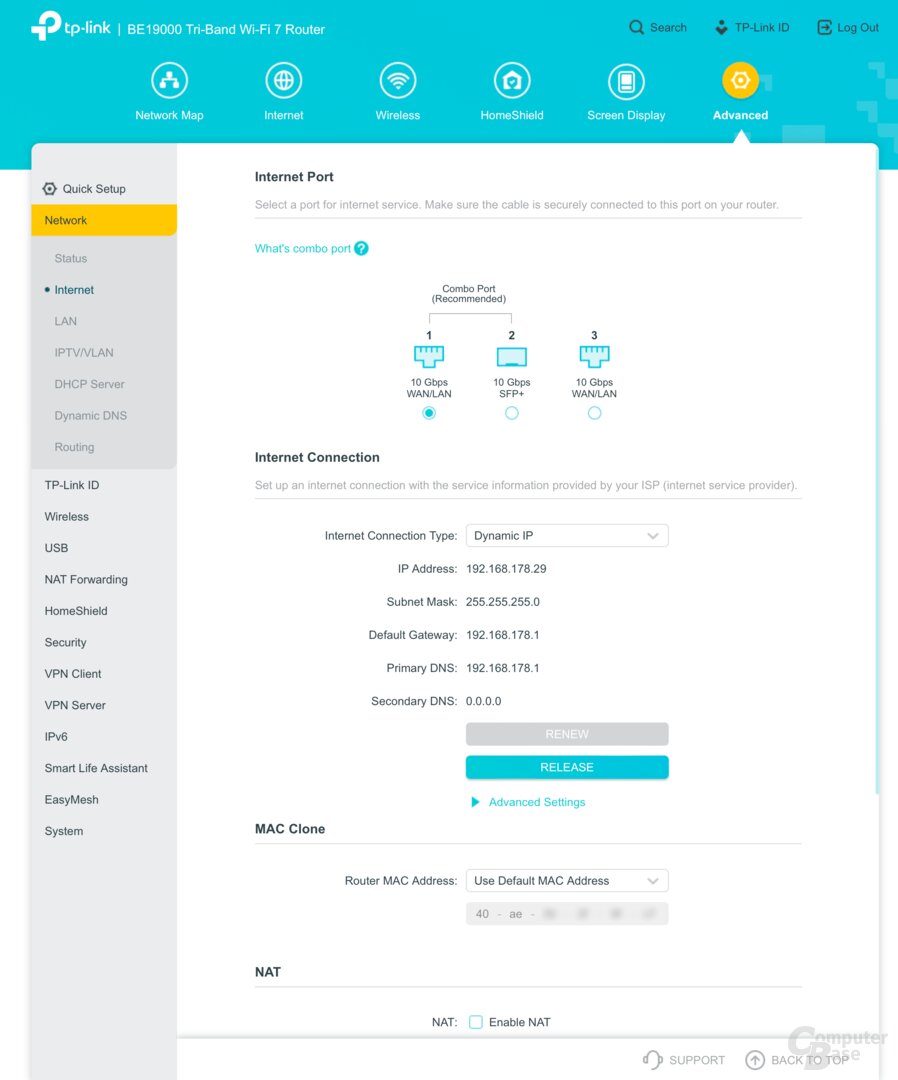 Einstellungen in der Web-Oberfläche des TP-Link Archer BE800