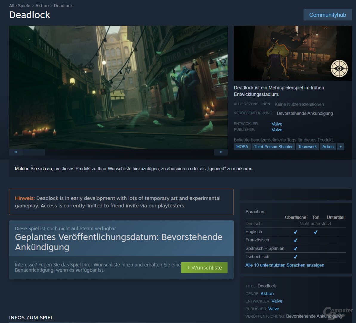 Screenshot der neuen Steam-Seite von Deadlock